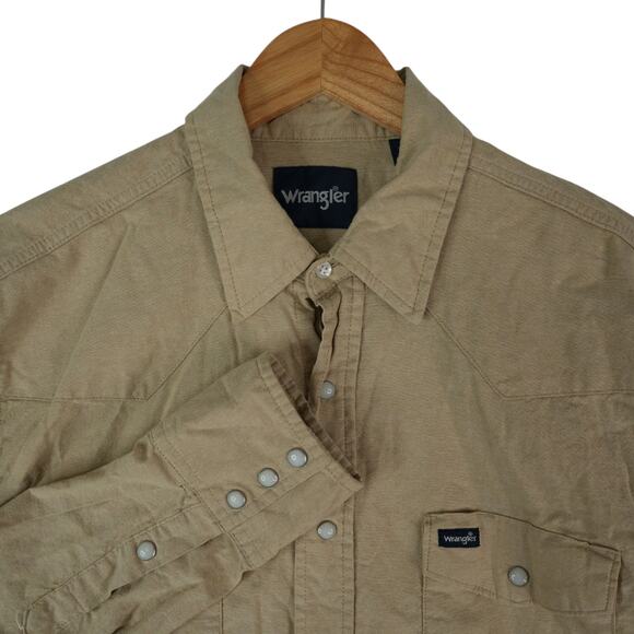 Wrangler Western Shirt Mens L Tan Cowboy Cut Pearl Snap Chambray Workwear Ranch - Picture 1 of 11